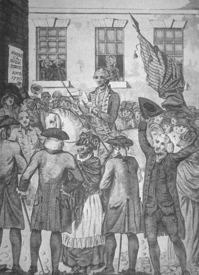 Läser självständighetsförklaringen för allmänheten 1776 (litho) av American School