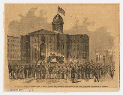 Mottagning på domstolsbyggnaden under Abraham Lincolns begravning, Chicago, Illinois av American School