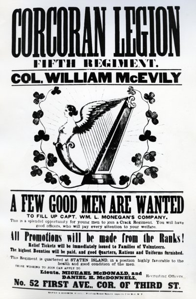 Rekryteringsaffisch för Corcoran Legion, 1862 (tryckt papper) av American School