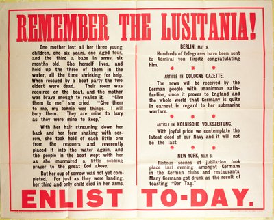 Rekryteringsaffisch för första världskriget "Kom ihåg Lusitania" av American School
