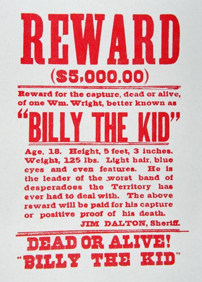 Belöningsaffisch för Billy the Kid (1859-81) (litho) av American School