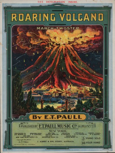 Roaring volcano (färglitografi) av American School