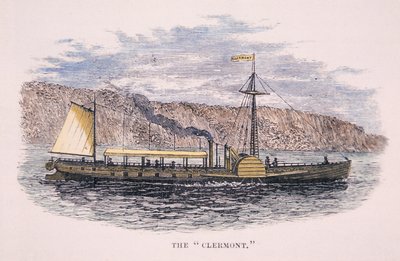 Robert Fultons (1765-1815) "Clermont" ångfartyg, på Hudson River, New York av American School