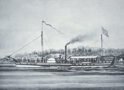 Robert Fultons ångbåt "Clermont", på Hudson River, New York av American School
