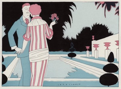 Romantiskt par som håller varandra i handen vid poolen, en scen ur novellen Prospective Honeymooners av J A Waldron (färglitografi) av American School