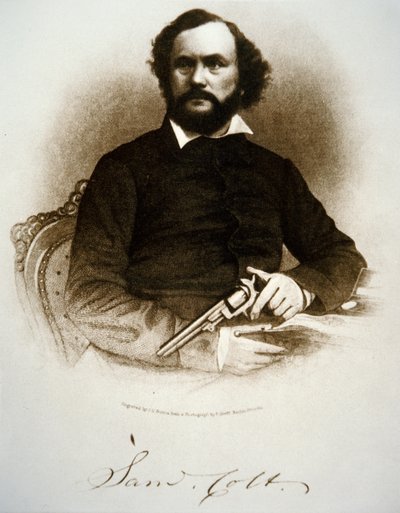 Samuel Colt håller en av sina slagverksrevolvrar (gravyr) av American School