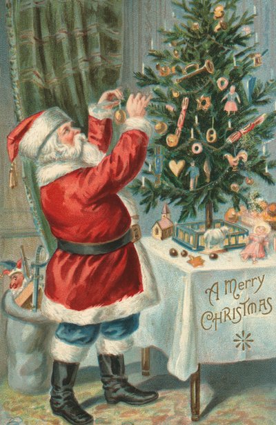 Jultomten dekorerar en julgran av American School