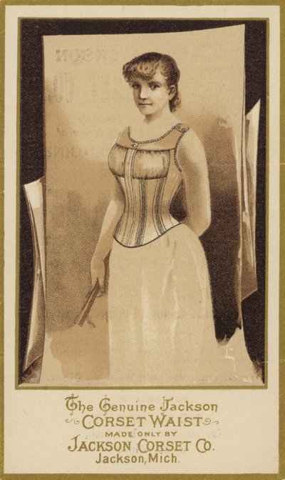 Sepia fotografi av dam som bär korsett av American School