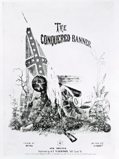 Notomslag till "The Conquered Banner", dikt av Moina, musik av La Hache, utgiven av A. E. Blackmar, 1862 av American School