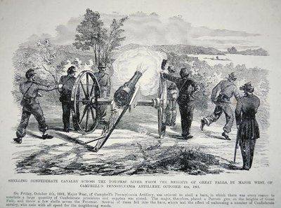 "Beskjuta konfedererade kavalleri över Potomacfloden från höjderna av Great Falls...", 4 oktober 1861 (litho) av American School