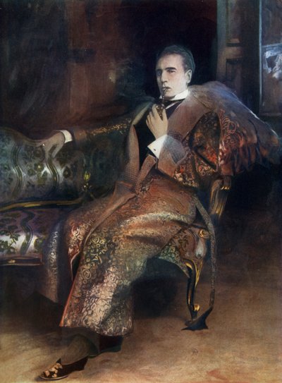 Sherlock Holmes, scen ur "Sherlock Holmes - ett drama i fyra akter" av William Gilette av American School