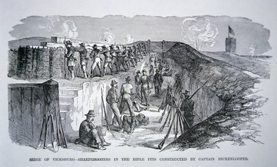Siege of Vicksburg - Sharpshooters i gevärsgroparna konstruerade av General Hickenlooper (gravyr) av American School