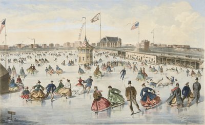 Skridskoåkning på Union Pond, pub. 1863 (lito i färg) av American School