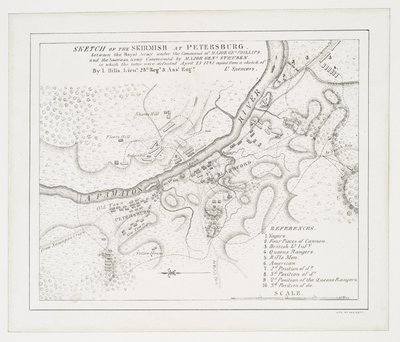Skiss över skärmytslingen i Petersburg: mellan den kungliga armén under ledning av major Gel. Phillips och den amerikanska armén under befäl av generalmajor. Steuben där de senare besegrades, 25 april 1781 av American School