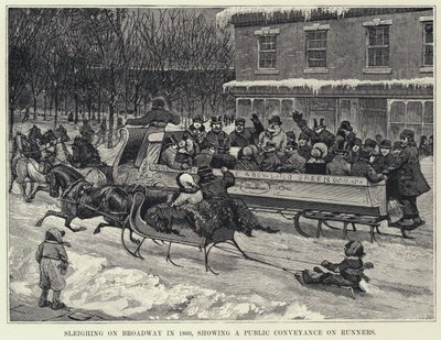 Släde på Broadway 1860, som visar ett allmänt transport på löpare (litho) av American School