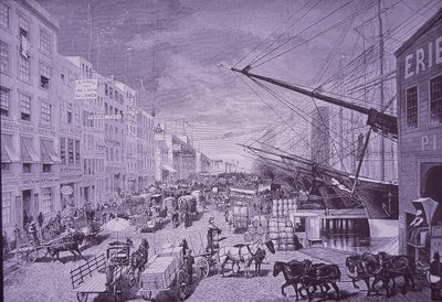 South Street Seaport på 1870-talet, New York City (gravyr) av American School
