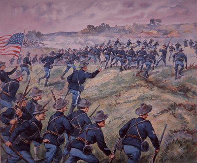 Spansk-amerikanska kriget 1898, amerikanska trupper stormar San Juan Heights på Kuba (färg litho) av American School