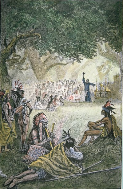 Spanska jesuitmissionärer som konverterade indianer i Kalifornien på 1600-talet (färg litho) av American School