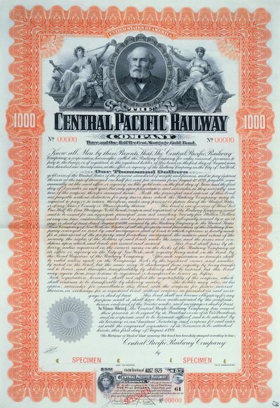 Provobligationscertifikat för 1000 dollar för Central Pacific Railway Company Company, 1899 av American School
