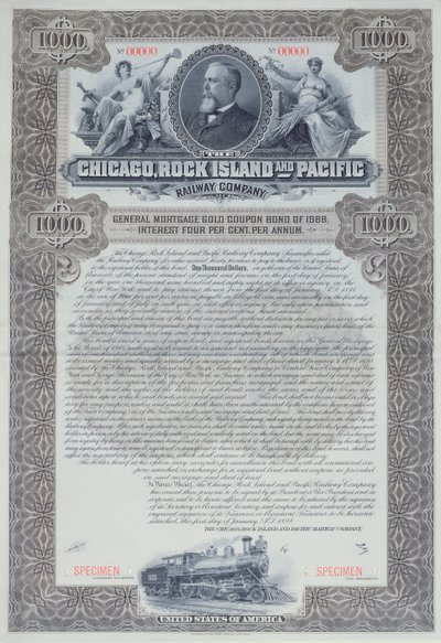 Provobligationscertifikat för 1000 dollar för Chicago, Rock Island and Pacific Railway Company, 1898 av American School