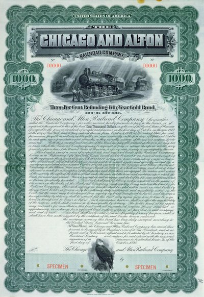 Provobligationscertifikat för 1000 dollar för Chicago and Alton Railroad Company, 1899 av American School