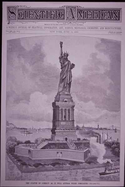 Frihetsgudinnan "som den kommer att se ut när den är färdig" på omslaget till Scientific American av American School