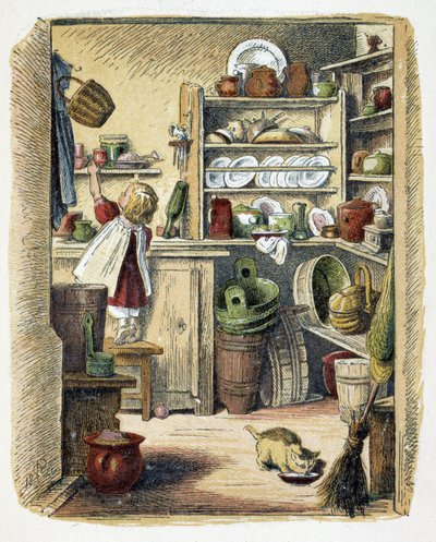 Förvaring i köket i "" Schnik, schnak, småsaker för de minsta"", barnspel. ed. London- Georges Ronthedge och söner. New York, Den breda vägen Ludgate n.d. c. 1890. av American School