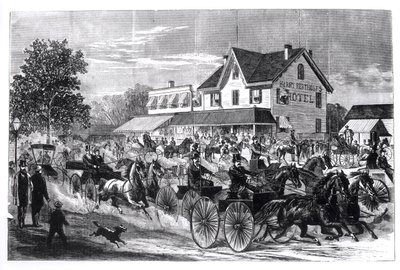 Gatubild i New York, illustration från New York på 1800-talet av American School