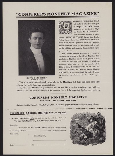 Prenumerationsformulär för Conjurers Monthly Magazine, chefredaktör Harry Houdini (litho) av American School