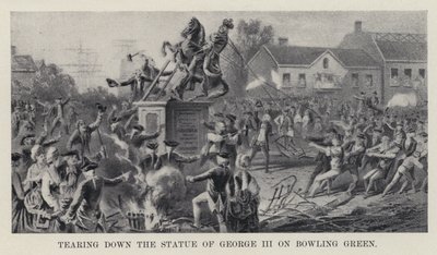 Riv ner statyn av George III på Bowling Green (litho) av American School