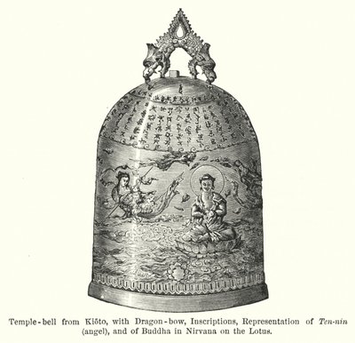 Tempelklocka från Kioto, med drakbåge, inskriptioner, representation av Ten-nin, ängel och av Buddha i Nirvana på Lotus (gravyr) av American School