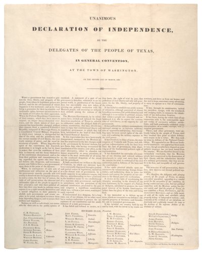 Texas Declaration of Independence: Enhällig självständighetsförklaring, tryckt av Baker och Bordens, 2 mars 1836 av American School