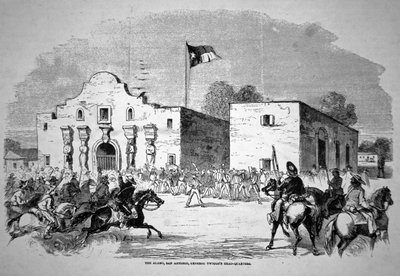 Alamo-fortet i San Antonio, HQ för Federal General Twiggs (1790-1862) (litho) av American School