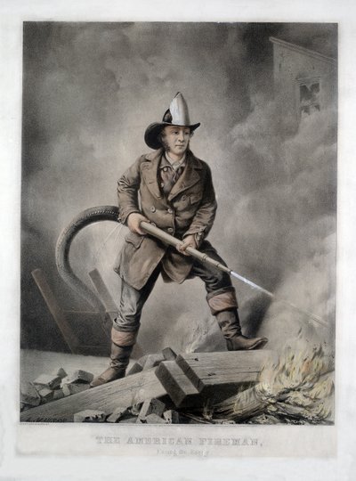The American Fireman, Facing the Enemy, pub. 1858 (handfärgad litho) av American School