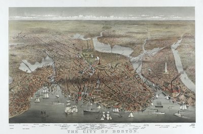 Staden Boston, pub. 1873 (färglitografi) av American School