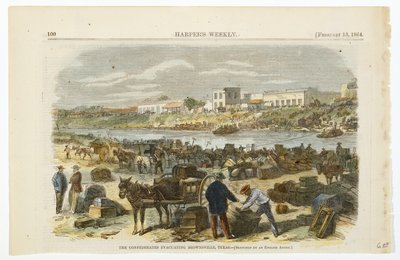 Konfederationen evakuerar Brownsville, Texas, ca. 1864 (handfärgad litografi på vävt trämassapapper) av American School