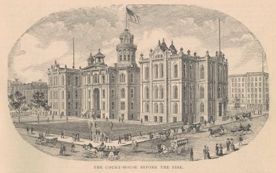 The Court-House before the Fire, tryckt av Moss Engraving Co., New York, illustration från History of Chicago vol. 2 av Alfred Theodore Andreas, publicerad 1885 av American School