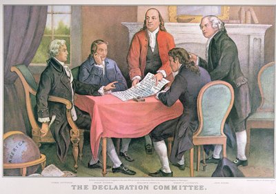 Deklarationskommittén, publicerad av Currier & Ives, New York (färg litho) av American School