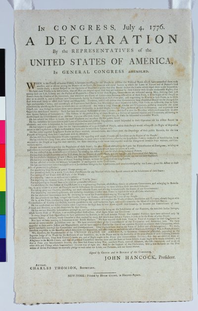 Självständighetsförklaringen, tryckt av Hugh Gaine, 1776 (tryckt bläck på papper) av American School