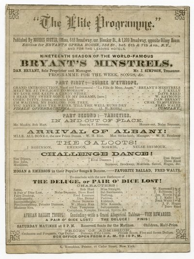 Elitprogrammet för Bryants Opera House, publicerat av Morris Coster av American School
