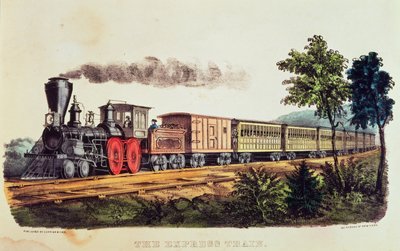 Expresståget, graverat av Nathaniel Currier (1813-88) och James Merritt Ives (1824-95) (lito i färg) av American School