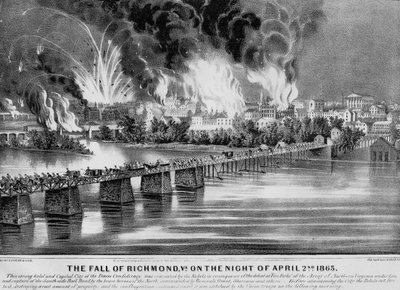 The Fall of Richmond, Va. natten till den 2 april 1865, pub. av Currier & Ives, 1865 av American School