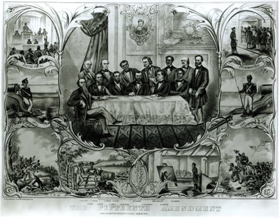 Det femtonde tillägget, undertecknat av president Ulysses S. Grant (1822-85) mars 1870 (litho) (svartvitt foto) av American School