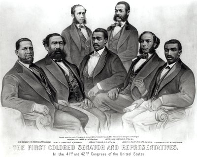 Den första färgade senatorn och representanterna, i den 41:a och 42:a kongressen i USA, pub. av Currier och Ives, 1872 (litho) (paketfoto) av American School