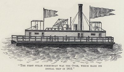 "The First Steam Ferryboat was the Over, som gjorde sin första resa 1812" (litho) av American School