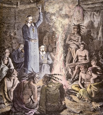 Den franske jesuitmissionären Brebeuf bland Algonquins (färg litho) av American School
