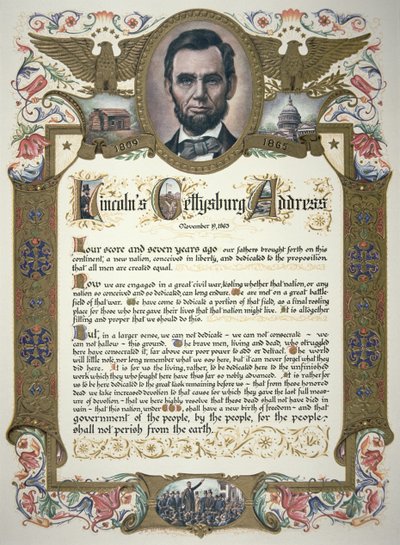 The Gettysburg Address, levererad av Abraham Lincoln (1809-65) av American School