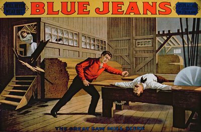 Den stora sågverksscenen, affisch för blå jeans av American School