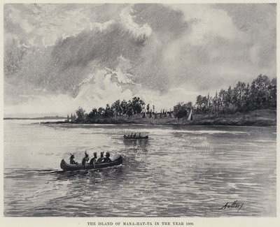 Ön Mana-hat-ta år 1600 (litho) av American School