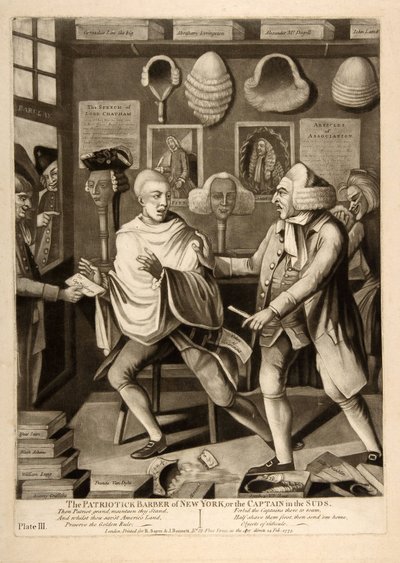 The Patriotic Barber of New York, eller kaptenen i skummet, pub. 1775 av American School